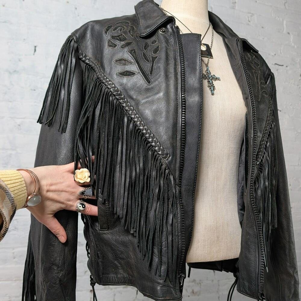 Vintage Black Leather Biker Fringe Jacket Moto Western Velvet Goth Coat Large - Picture 4 of 10